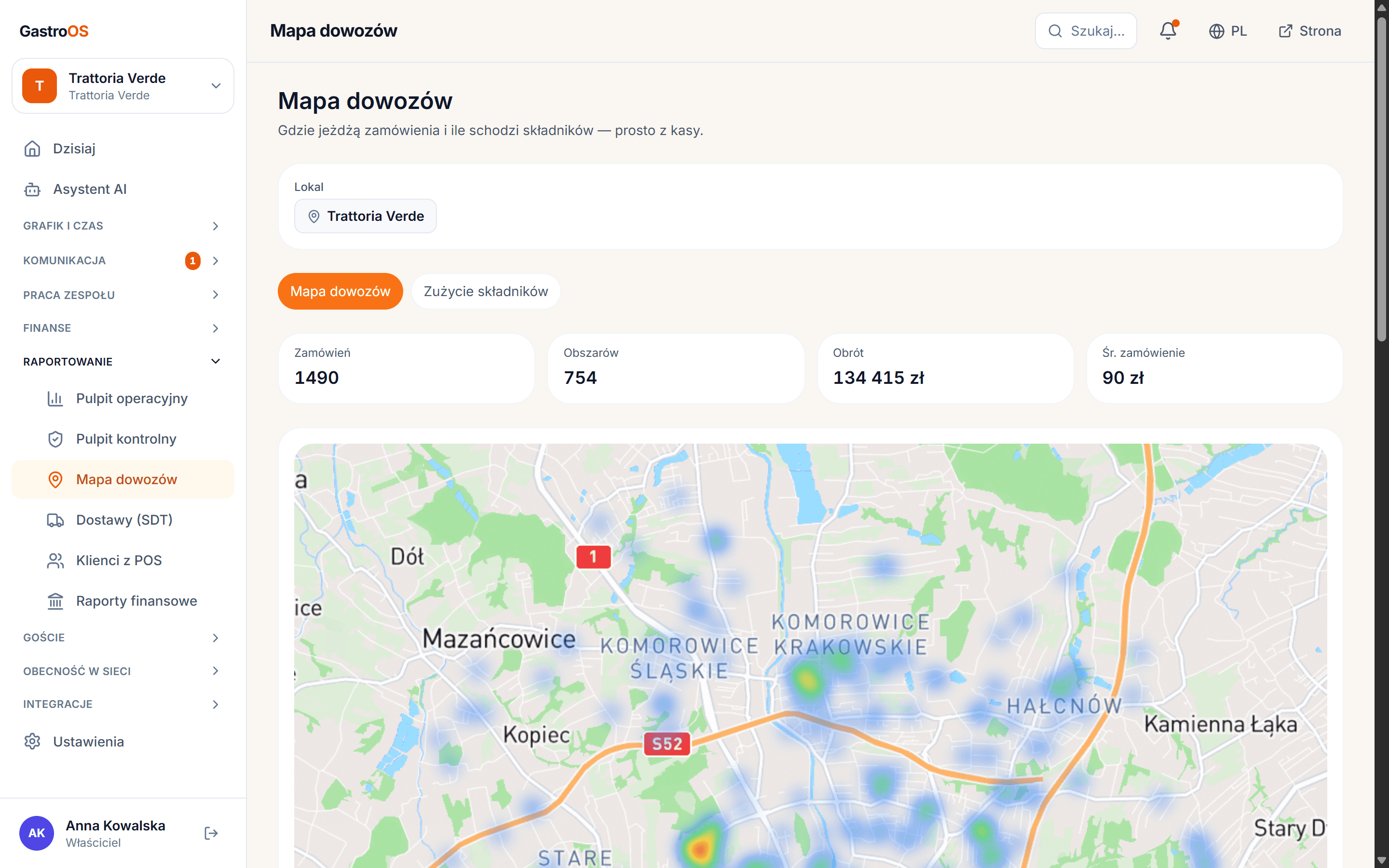 Mapa dowozów GastroOS — obszary zamówień i obrót z każdego z nich